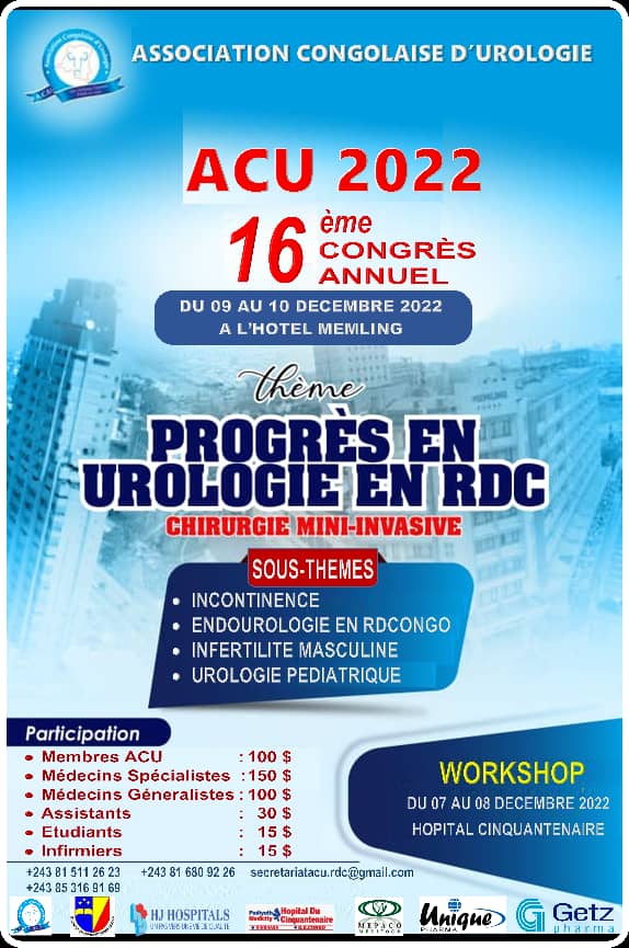 Le 16e congrès de L'ASSOCIATION CONGOLAISE D'UROLOGIE aura lieu du 05 au 10 Décembre 2022