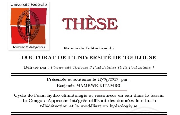 Il s'est tenu, ce mercredi 12 avril 2023, et suivie par zoom, une soutenance, avec brio, de thèse (de l'université de Toulouse/France) du Doctorant Mambwe Kitambo de l'université de Kinshasa
