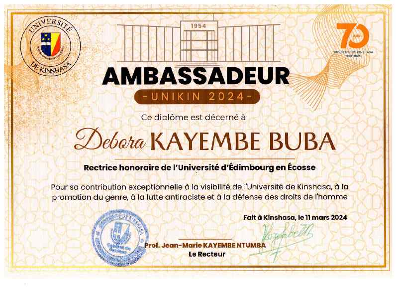 La Rectrice Honoraire de l'Université d'Edinbourg Debora KAYEMBE reçoit le titre d'Ambassadrice de l'Université de Kinshasa